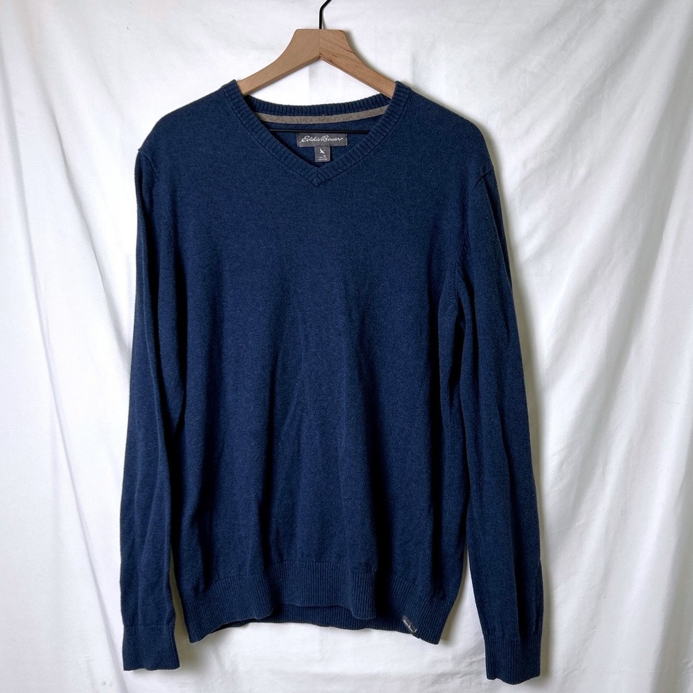 Eddie Bauer Mens Merino Wool Blend V-Neck Sweater Blue Size TL Preppy Classic